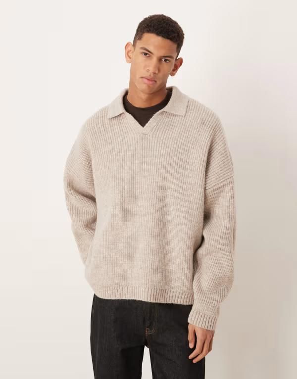 エイソス メンズ アウター ニット・セーター ASOS DESIGN super oversized boxy fit knit fisherman rib notch neck sweater BE