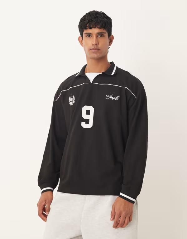 エイソス メンズ トップス ポロシャツ ASOS DESIGN oversized soccer polo with piping detail Black ブラック