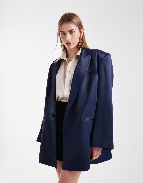 エイソス レディース アウター ジャケット・ブルゾン サテン ブレザー ASOS DESIGN satin longline oversized blazer Navy ネイビー