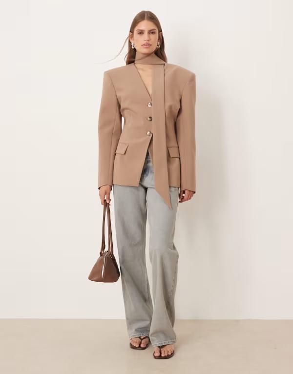 エイソス レディース アウター ジャケット・ブルゾン ブレザー ASOS DESIGN cinch shoulder pad blazer with scarf in mocha part of a