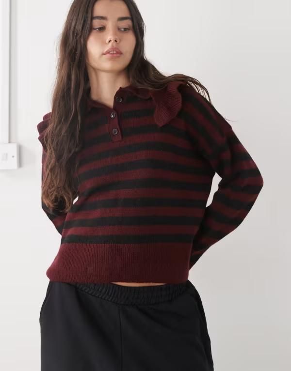 ノイジーメイ レディース アウター ニット・セーター セーター Noisy May oversized frill collar sweater stripes Windsor wine ワイン
