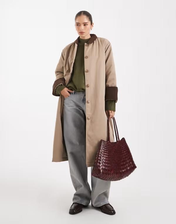 ピーシーズ レディース アウター コート コーデュロイ Pieces longline trench coat with corduroy collar detail Greige Hot Fudge