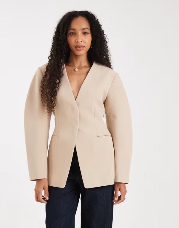 エイソス レディース アウター ジャケット・ブルゾン ブレザー ASOS DESIGN cinch collarless blazer in camel Camel キャメル