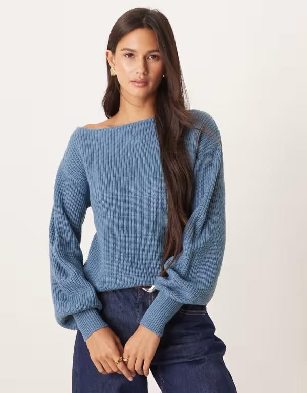 スリードベア レディース アウター ニット・セーター バルーンスリーブ セーター ニット Threadbare knit boat neck sweater with balloon sleeves