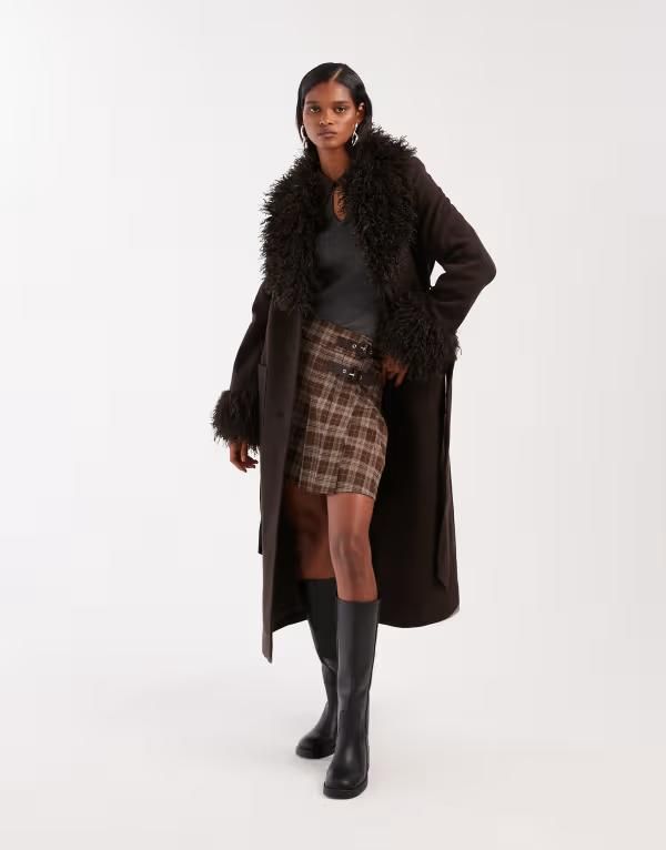 アンドアザーストーリーズ レディース アウター コート ウール Other Stories wool belted midaxi coat with faux fur trim BROWN ブラウン