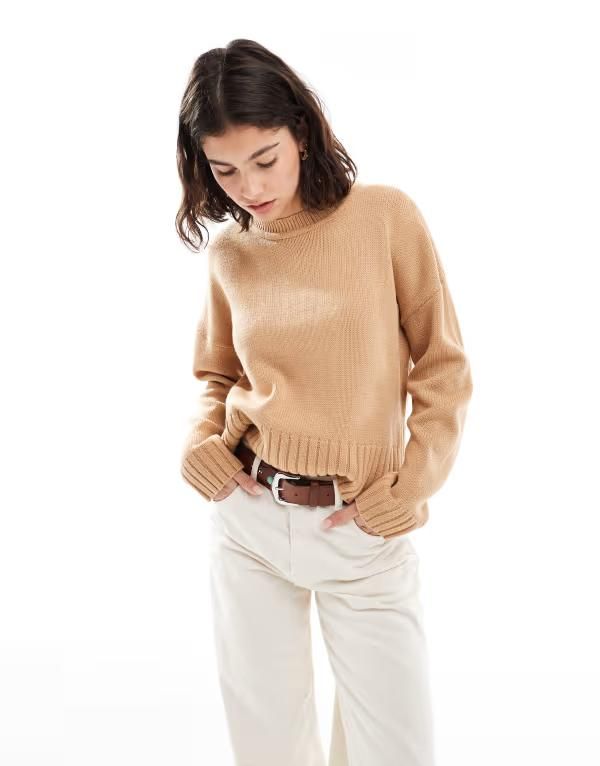 ブレーブソウル レディース アウター ニット・セーター クルーネック セーター Brave Soul crew neck sweater with side split in camel CAMEL