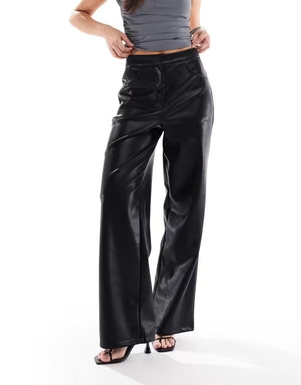 エイソス レディース ボトムス カジュアルパンツ ワイドレッグ パンツ レザー ASOS DESIGN leather look wide leg pants Black ブラック