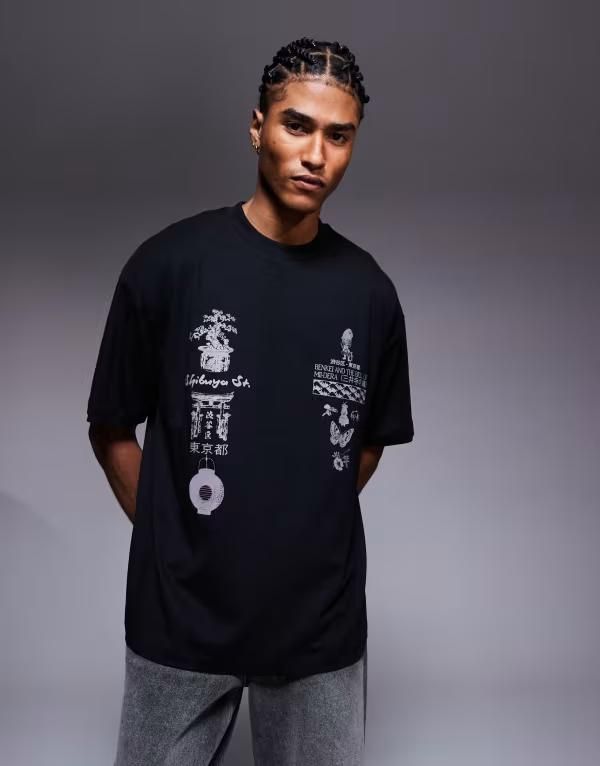 エイソス メンズ トップス Tシャツ レース グラフィック ASOS DESIGN oversized tshirt with multiplacement graphic Black ブラック