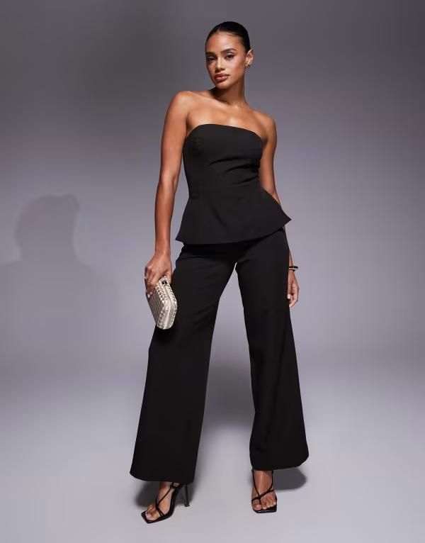 レア レディース トップス ジャンプスーツ ワイドレッグ Rare London tailored bandeau peplum detail wide leg jumpsuit in chocola