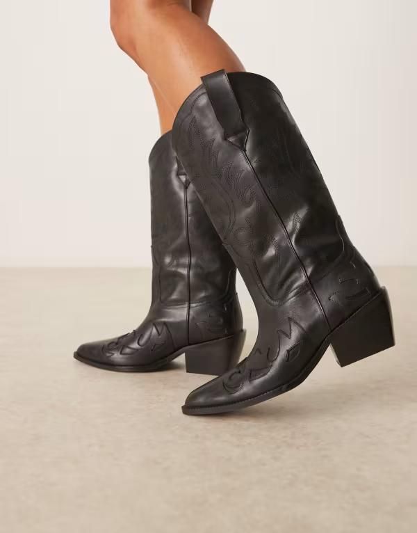 エイソス レディース シューズ ブーツ・レインブーツ レザー ASOS DESIGN Camryn leather cowboy knee boots BLACK LEATHER ブラック