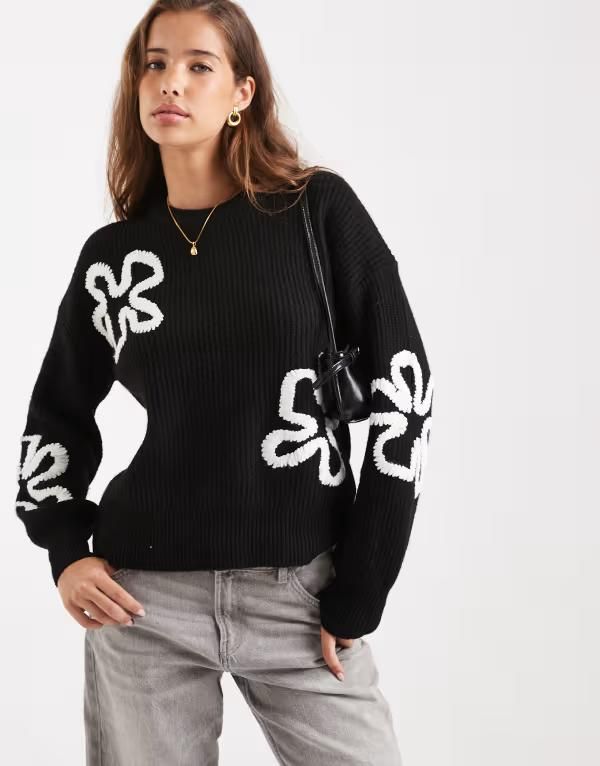 オンリー レディース アウター ニット・セーター フラワー柄 セーター フラワー ONLY floral stitch details sweater Black ブラック