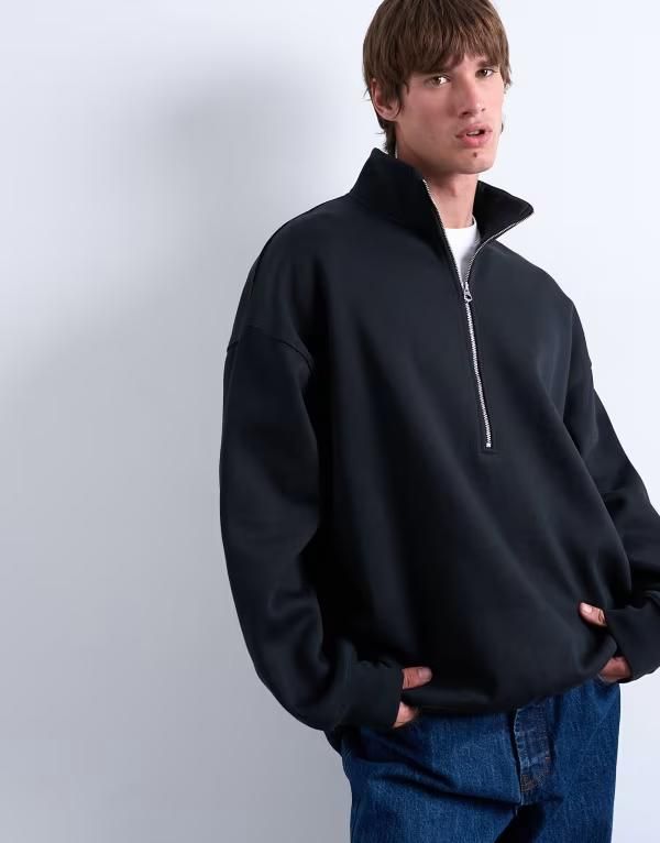 トップマン メンズ アウター ニット・セーター オーバーサイズフィット ハーフジップ スタンドネック Topman premium oversized fit quarter zip funnel n