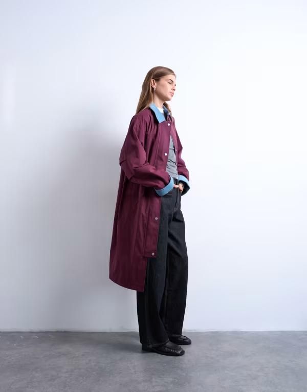 トップショップ レディース アウター ジャケット・ブルゾン コントラスト Topshop contrast collar longline shacket burgundy バーガンディ