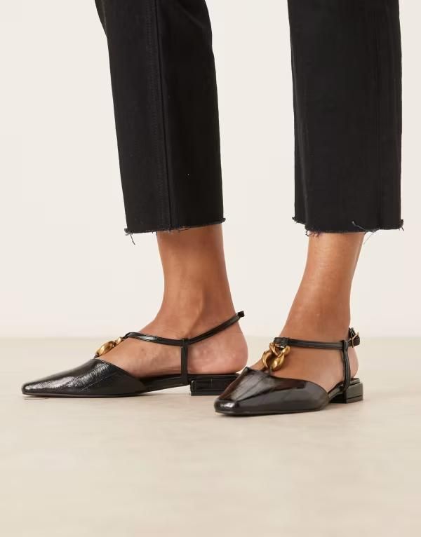 エイソス レディース シューズ パンプス ASOS DESIGN Lockhart chisel toe trim detail slingback flats BLACK EEL PU ブラック
