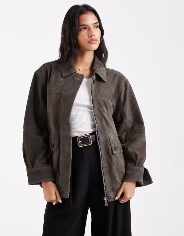 エイソス レディース アウター ジャケット・ブルゾン スエード ジャケット ASOS DESIGN real suede oversized bomber jacket in olive Olive