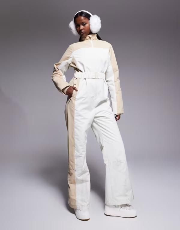 スリードベア レディース トップス ジャンプスーツ Threadbare Ski twotone ski suit in ecru and stone ECRU エクリュ