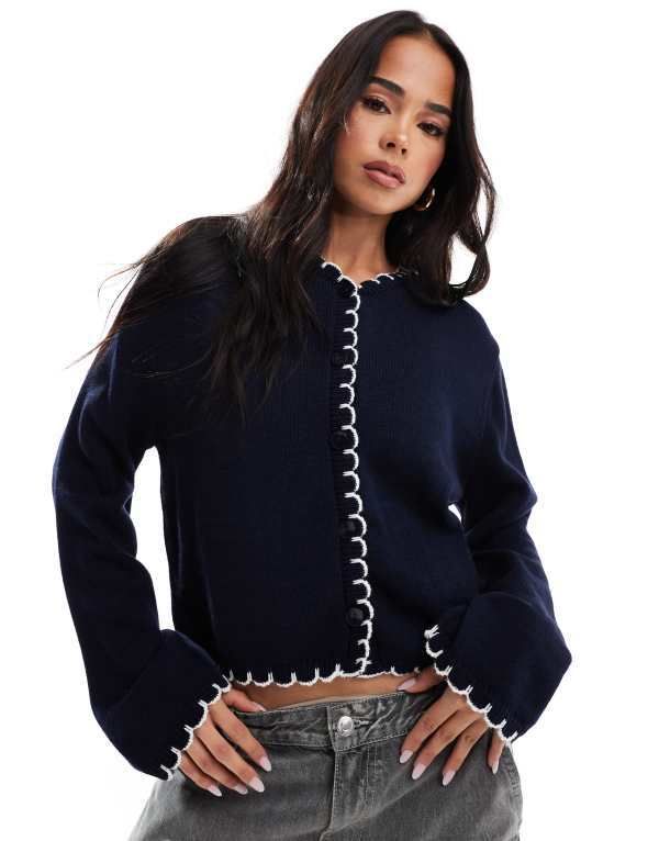 ミスセルフフリッジ レディース アウター カーディガン Miss Selfridge blanket stitch cardigan NAVY ネイビー