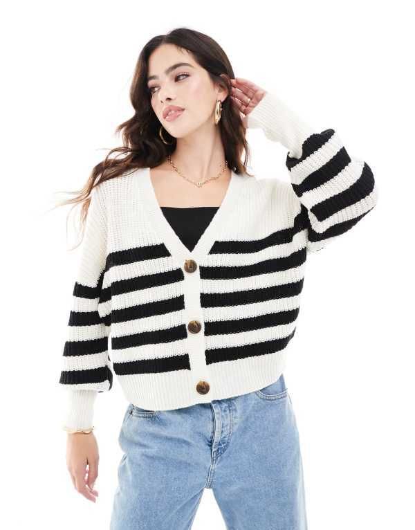 ヴェロモーダ レディース アウター カーディガン Vero Moda button through chunky rib cardigan and black stripe Black stripe
