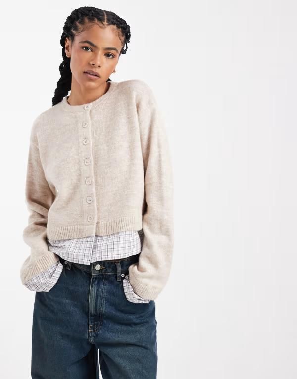 エイソス レディース アウター ニット・セーター カーディガン ASOS DESIGN knit cardigan with woven check hem in oatmeal Cream クリーム