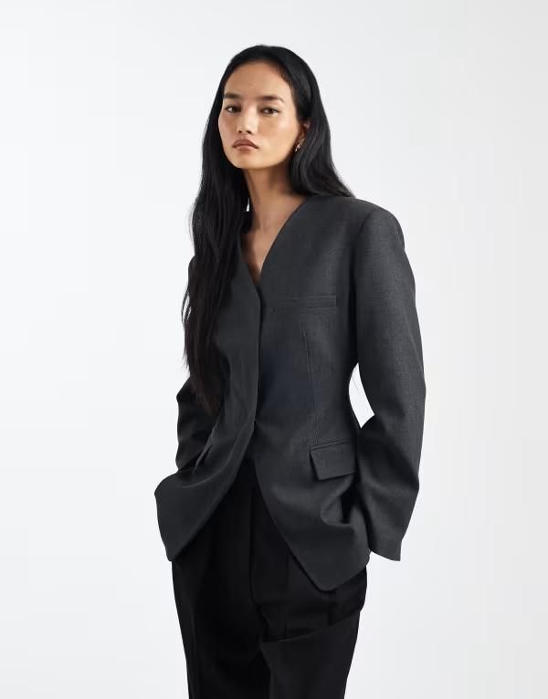 エイソス レディース アウター ジャケット・ブルゾン ブレザー ASOS DESIGN high break point collarless blazer CHARCOAL チャコール