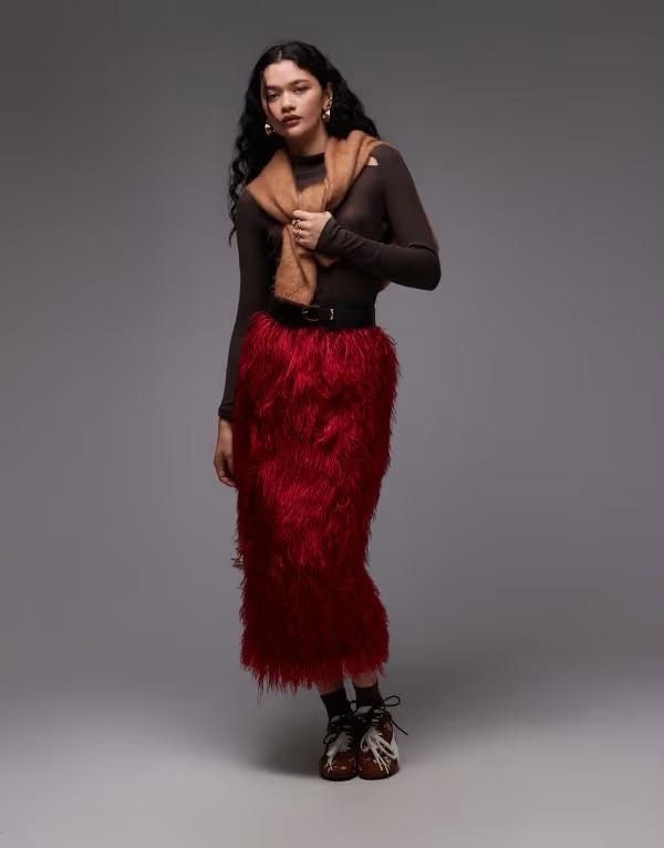 エイソス レディース ボトムスカート ミディ フリンジ ASOS DESIGN 3D fringe midi pencil skirt Red レッド