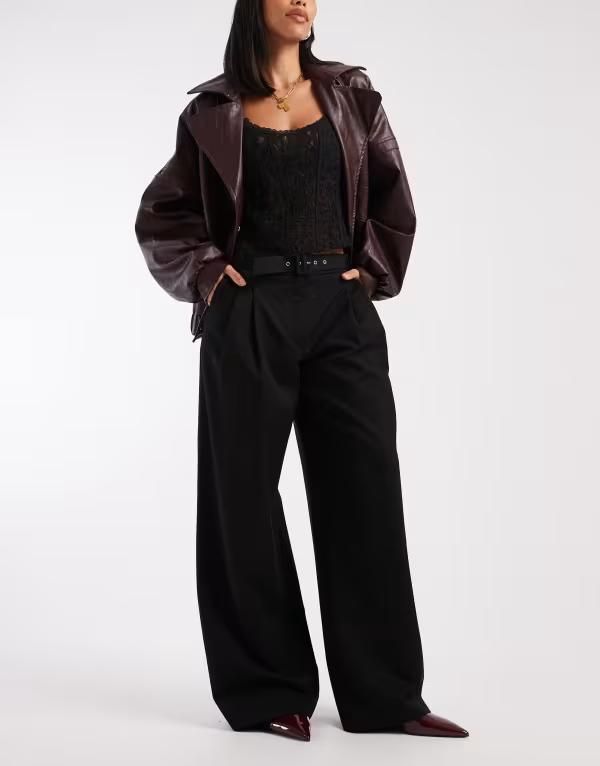 エイソス レディース ボトムス カジュアルパンツ ワイドレッグ ASOS DESIGN tailored low belted wide leg pants black ブラック