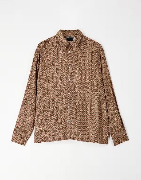 エイソス メンズ トップス シャツ プリント サテン ASOS DESIGN relaxed satin geo print shirt BROWN ブラウン