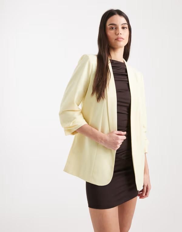 ピーシーズ レディース アウター ジャケット・ブルゾン ギャザー ブレザー Pieces tailored ruched sleeve blazer in pale yellow French van