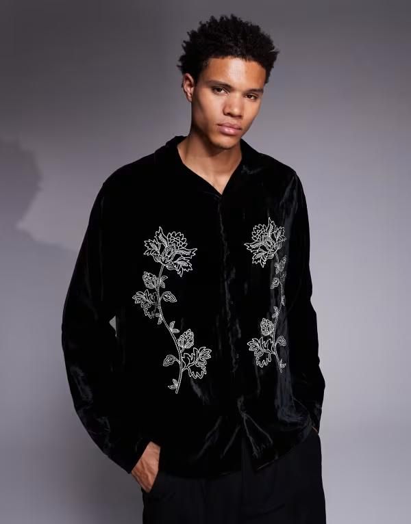 エイソス メンズ トップス シャツ フラワー柄 ベルベット フラワー ASOS DESIGN relaxed velvet shirt with floral embroidery Black ブラッ