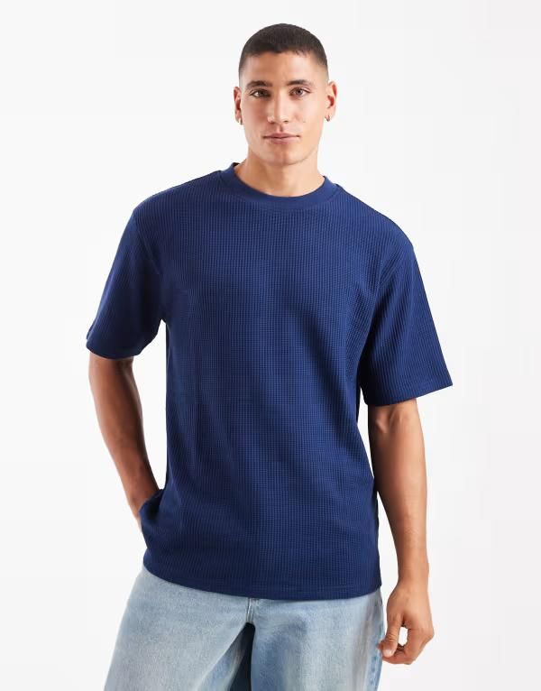 エイソス メンズ トップス Tシャツ ニット ASOS DESIGN ASOS DESGIN heavyweight relaxed tshirt waffle knit Medieval Blue
