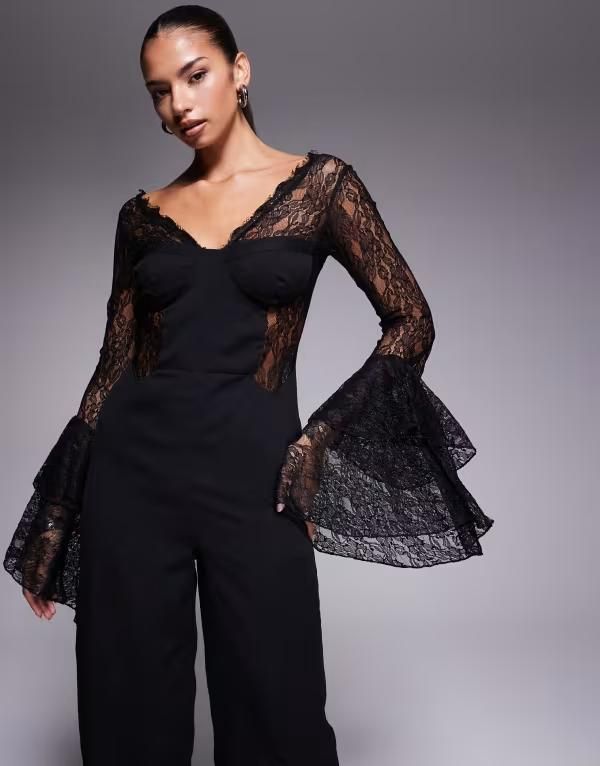 エイソス レディース トップス ジャンプスーツ フリル レース ASOS DESIGN corset detail jumpsuit with lace ruffle sleeves Black ブラ