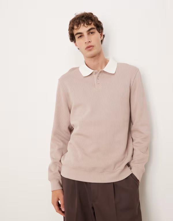エイソス メンズ アウター パーカー・スウェット ポロシャツ リブ シャツ コントラスト ASOS DESIGN ribbed polo sweatshirt with contrast collar