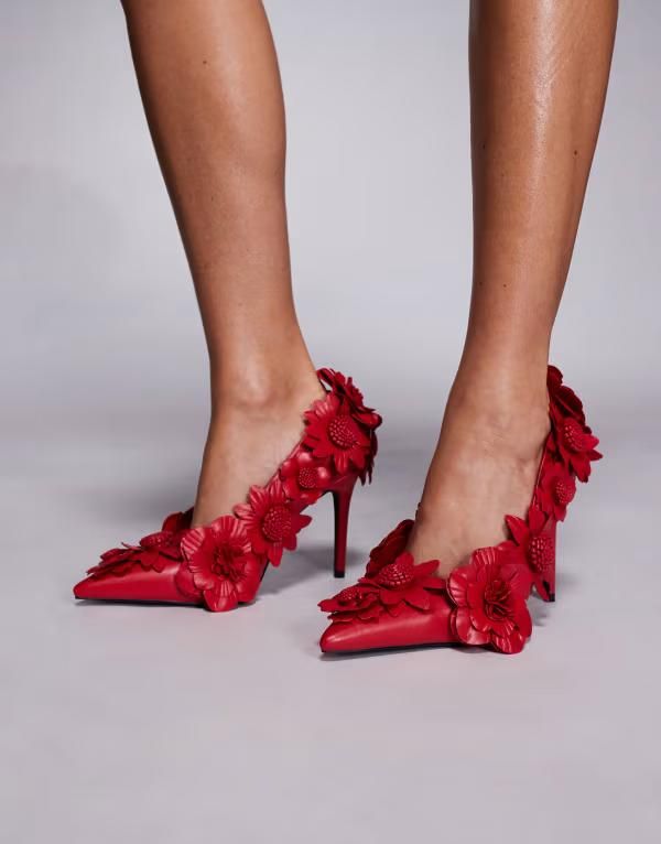 アザレア ワン レディース シューズ パンプス フラワー柄 フラワー ヒール Azalea Wang Zarah embellished floral heeled pumps RED レッド