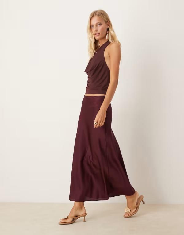 ヴィラ レディース ボトムス スカート サテン マキシ VILA satin maxi skirt Fig バーガンディ