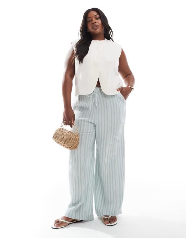 ヴェロモーダ レディース ボトムス カジュアルパンツ ワイドレッグ パンツ コットン Vero Moda Curve cotton wide leg pants stripe Gray Mist St
