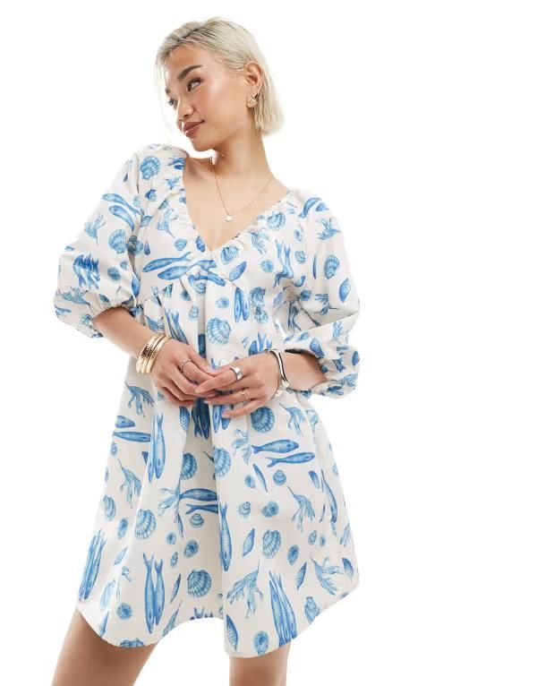 ヴェロモーダ レディース トップス ワンピース ミニワンピース プリント ミニ Vero Moda blouson sleeves mini dress sealife print White pri