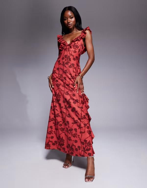 レア レディース トップス ワンピース サイドスリット マキシワンピース フラワー柄 フリル マキシ フラワー Rare London ruffle tie front side slit maxi