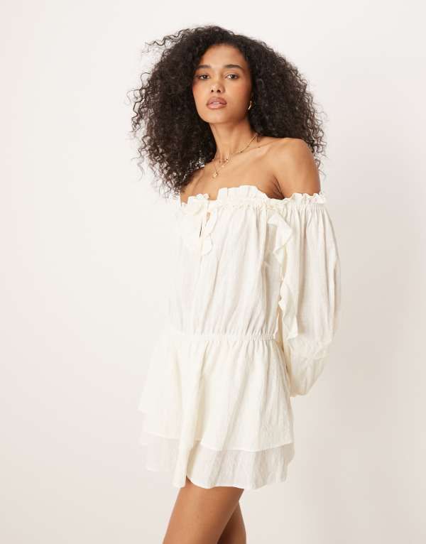 エイソス レディース トップス ワンピース ミニワンピース フリル ミニ コットン ASOS DESIGN cotton off the shoulder ruffle mini dress in c