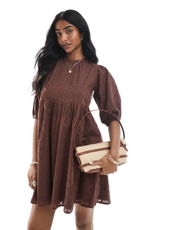 ウェンズデーガール レディース トップス ワンピース ミニワンピース ミニ シャーリング Wednesdays Girl puff sleeve textured smocked mini dress