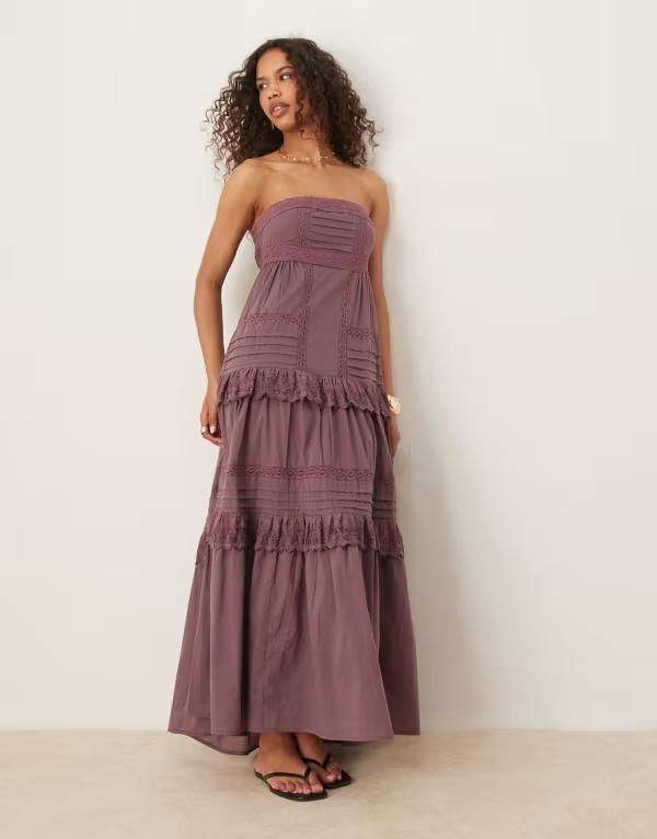 エイソス レディース トップス ワンピース マキシワンピース レース マキシ ASOS DESIGN bandeau maxi dress with pintucks and lace tiers i