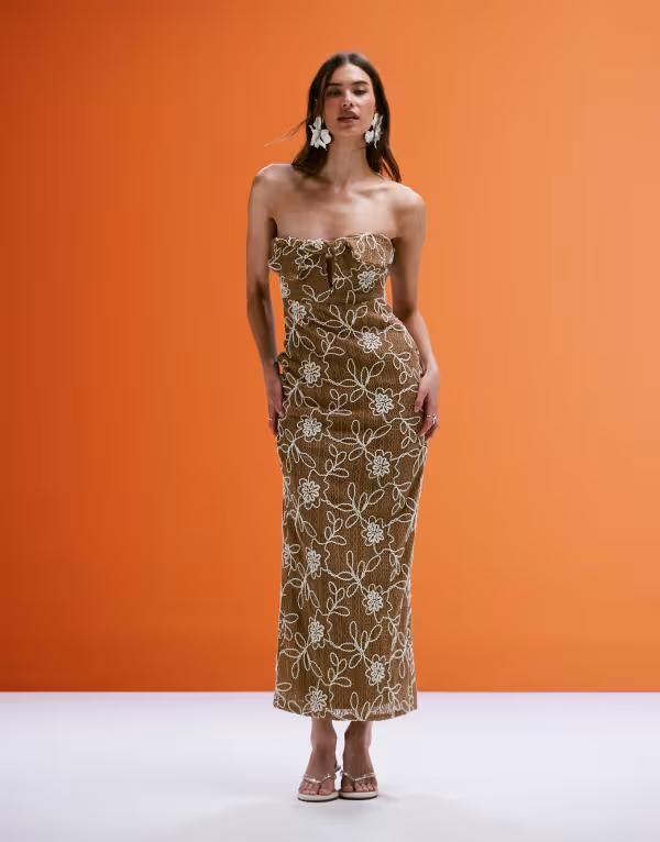 エイソス レディース トップス ワンピース ミディワンピース フラワー柄 ミディ フラワー ASOS DESIGN crochet bandeau twist midi dress with flor