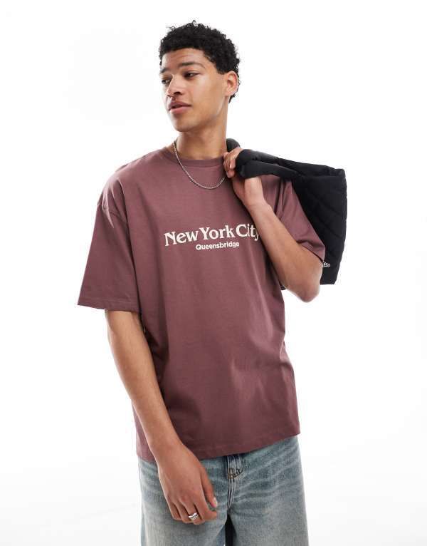 エイソス メンズ トップス Tシャツ グラフィック ASOS DESIGN oversized tshirt with city graphic Marron ブラウン