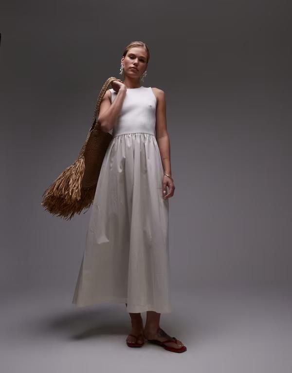 トップショップ レディース トップス ワンピース マキシワンピース マキシ Topshop poplin mix maxi dress in offwhite Offwhite オフホワイト
