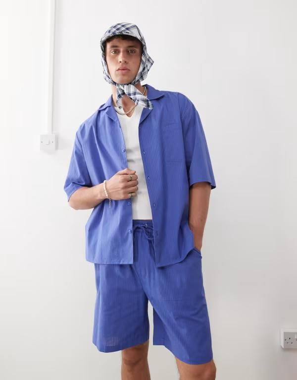 コルージョン メンズ トップス シャツ COLLUSION textured woven shirt stripe BLUE ブルー