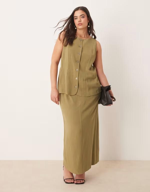 エイソス レディース トップス ワンピース ミディワンピース ミディ ベスト リネン ASOS Curve ASOS DESIGN Curve linen vest detail midi dress