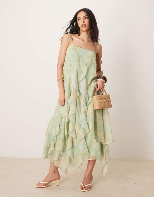 エイソス レディース トップス ワンピース マキシワンピース フラワー柄 プリント フリル マキシ フラワー ASOS DESIGN tie strap ruffle maxi dress in sa