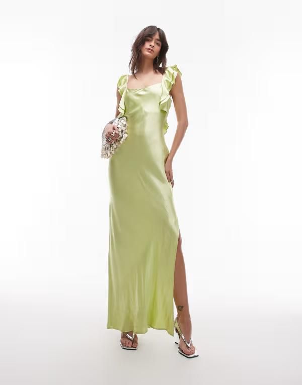 トップショップ レディース トップス ワンピース フリル サテン Topshop ruffle shoulder satin slip dress in deep lime Lime ライム