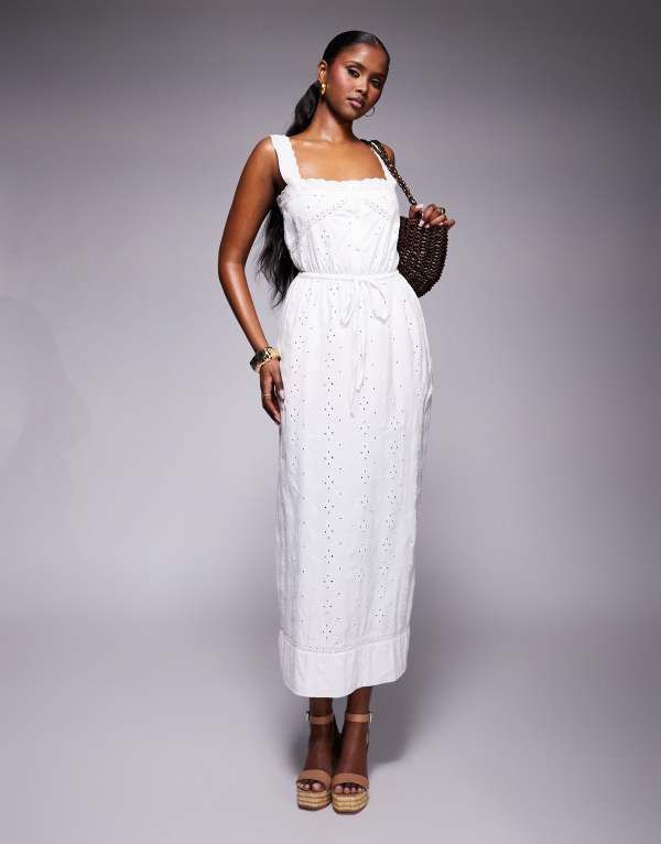 エイソス レディース トップス ワンピース マキシワンピース マキシ ASOS DESIGN broderie square neck waisted maxi dress WHITE ホワイト