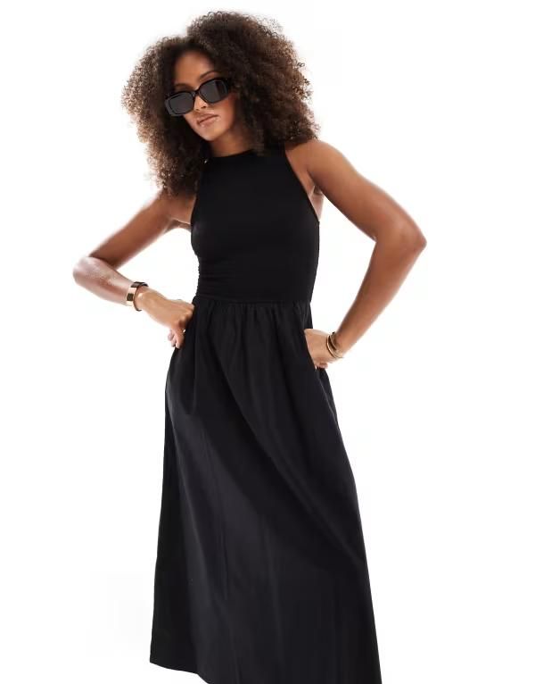 エイソス レディース トップス ワンピース ミディワンピース ミディ スカート ASOS DESIGN racer neck crinkle bodice poplin skirt midi dres