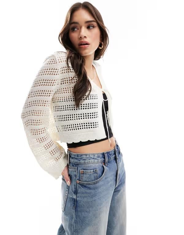 オンリー レディース アウター カーディガン ONLY tie front crochet cardigan in stone Marshmallow ストーン